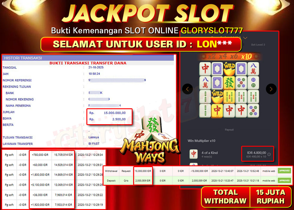 GLORYSLOT777 JACKPOT SLOT MAHJONG WAYS Rp 15.000.000.,- LUNAS