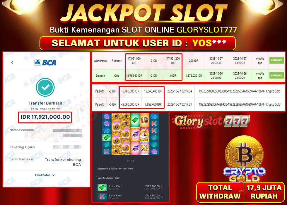GLORYSLOT777 JACKPOT SLOT CRYPTO GOLD Rp 17.921.000.,- LUNAS