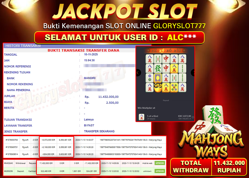 GLORYSLOT777 JACKPOT SLOT MAHJONG WAYS Rp 11.432.000,- LUNAS