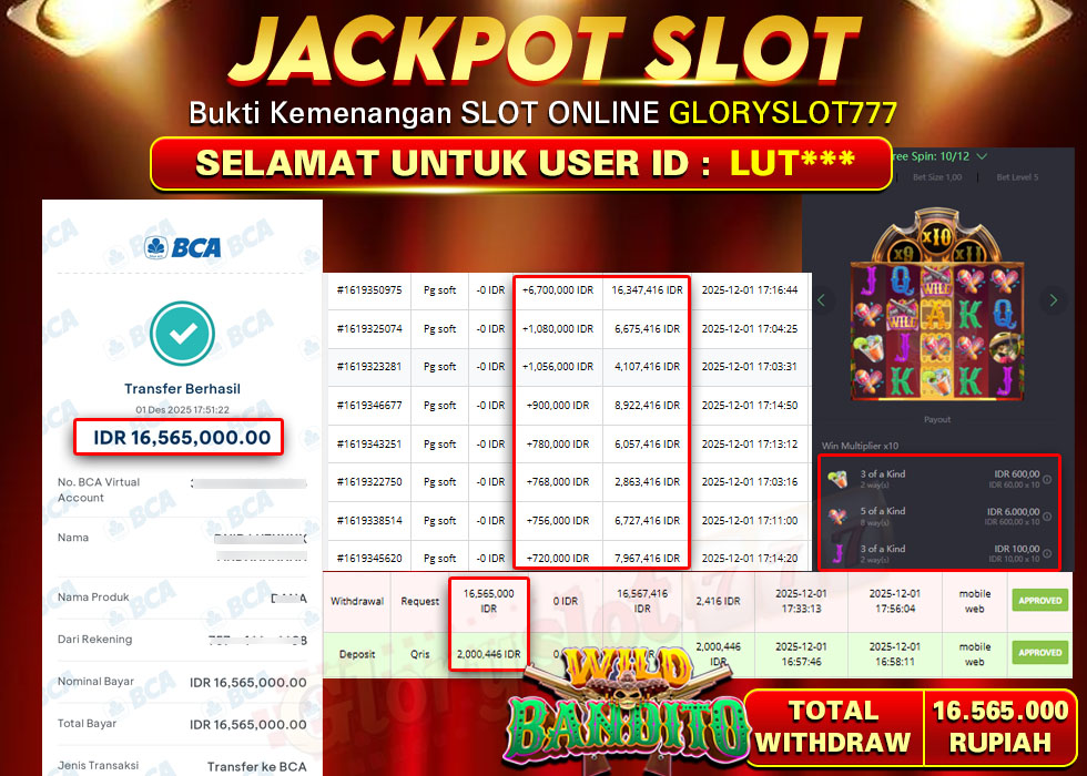 GLORYSLOT777 JACKPOT SLOT WILD BANDITO Rp 16,565,000 - LUNAS