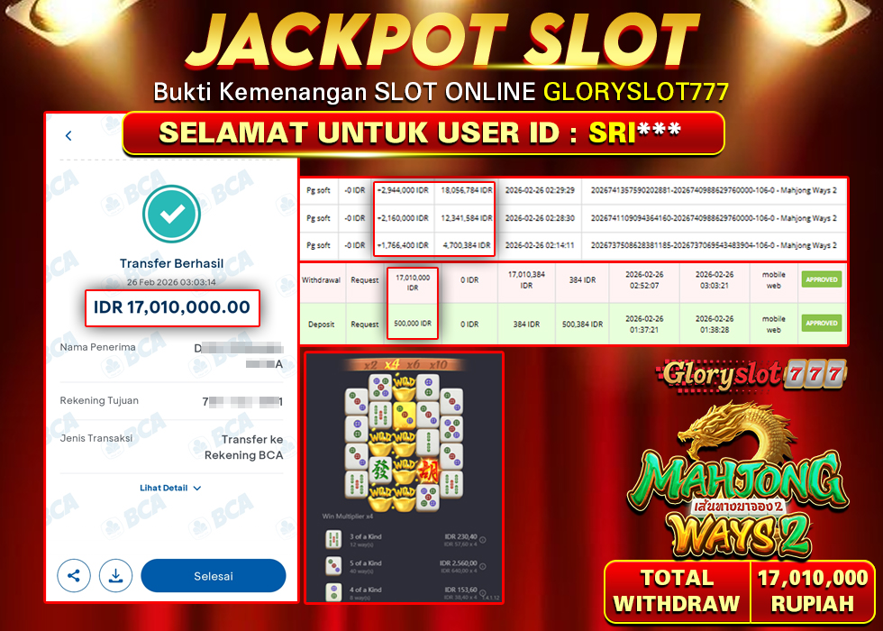 GLORYSLOT777 JACKPOT SLOT MAHJONG WAYS 2 Rp 17.010.000,- LUNAS