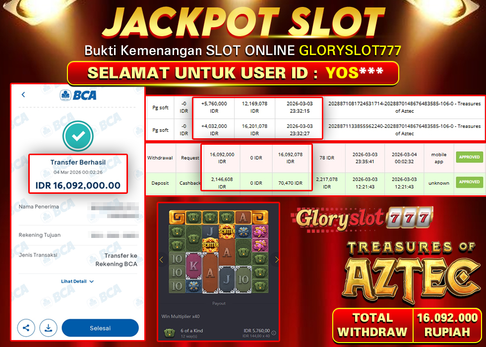 GLORYSLOT777 JACKPOT SLOT TREASURE OF AZTEC Rp 16.092.000,-  LUNAS