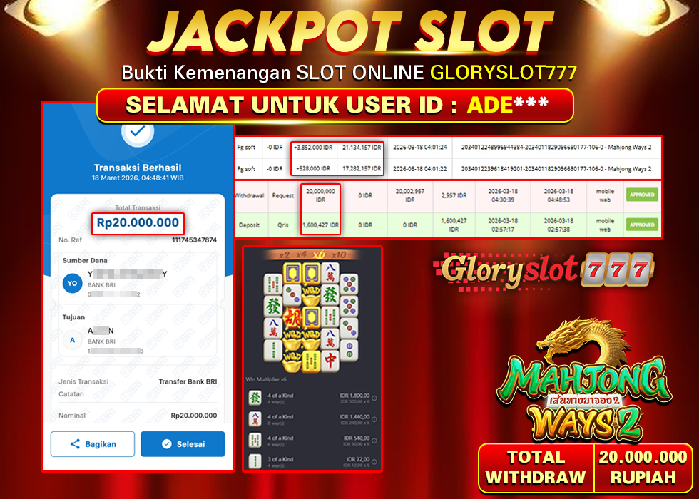 GLORYSLOT777 JACKPOT SLOT MAHJONG WAYS 2 Rp 20.000.000,-  LUNAS