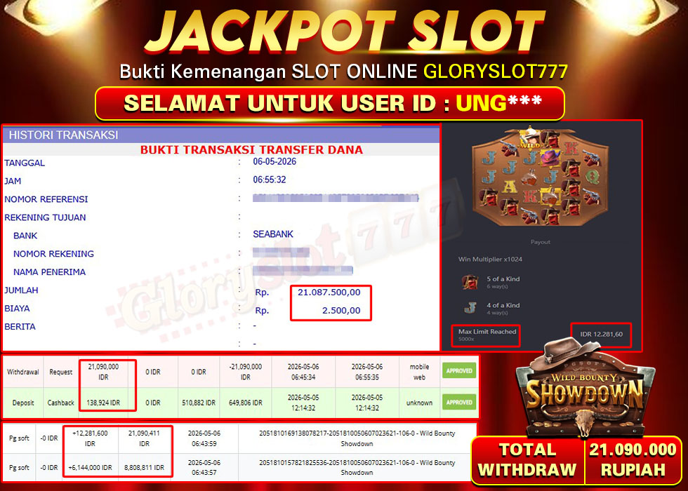 GLORYSLOT777 JACKPOT SLOT WILD BOUNTY SHOWDOWN Rp 21.090.000,- LUNAS