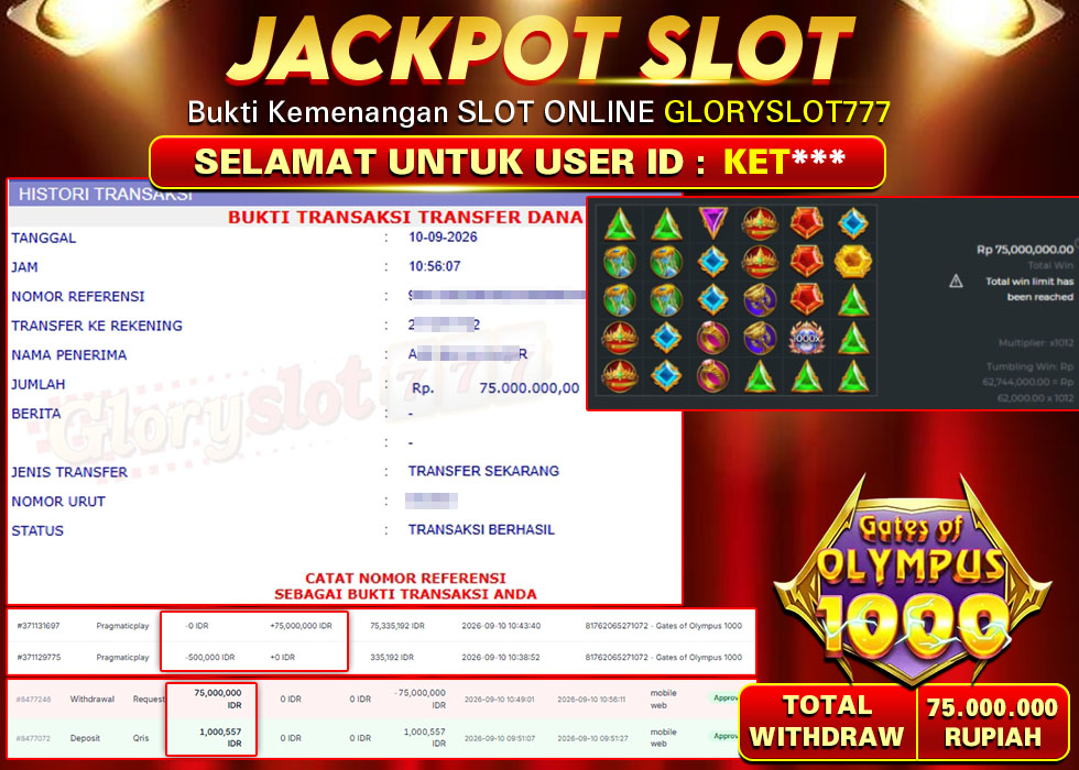 GLORYSLOT777 JACKPOT SLOT GATES OF OLYMPUS 1000 Rp 75.000.000,- LUNAS