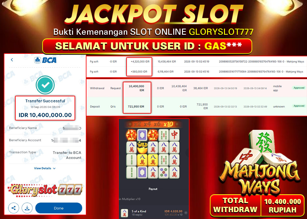 GLORYSLOT777 JACKPOT SLOT MAHJONG WAYS Rp 10.400.000,- LUNAS
